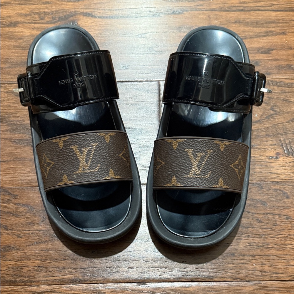 Louis Vuitton Black and Brown Monogram Pool Slides 38 LV